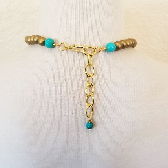 Turquoise Blue Gold Sunflower Metallic Statement Necklace - Picture 3 of 3